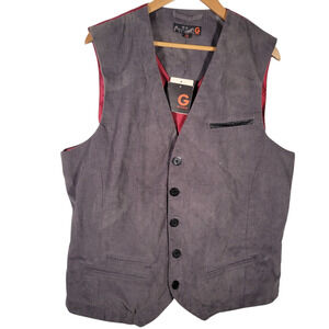 G by Guess Men's Corduroy Vest XXL Gray Red Lined Faux Leather Trim NWT